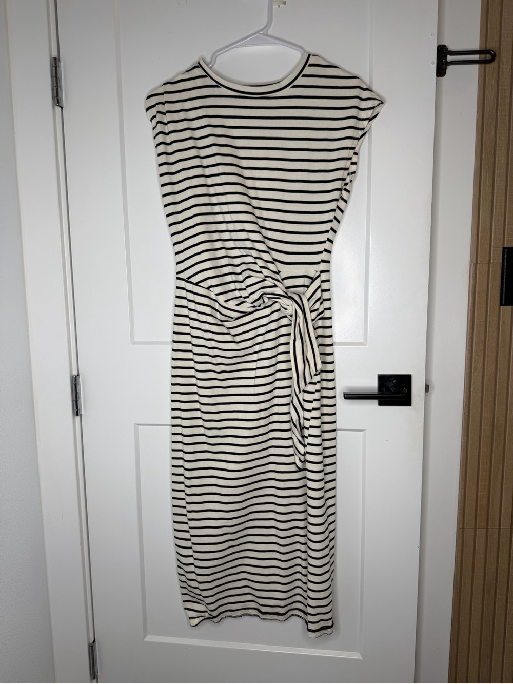 Miou Muse Cream and Black Striped Midi Dress with Knot Detail Small